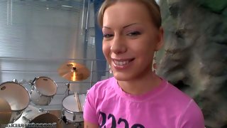 Teen girl bernice in pink t-shirt bares her..